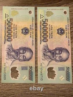 1 Million Vietnam Dong. 2 x 500000 Banknotes. 2 Cir Vnd Bills. 500,000 Notes Z H