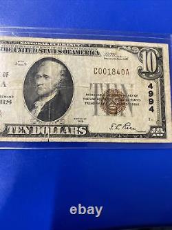 $10 1929 Vandalia Illinois IL National Currency Bank Note Bill Ch. #4994