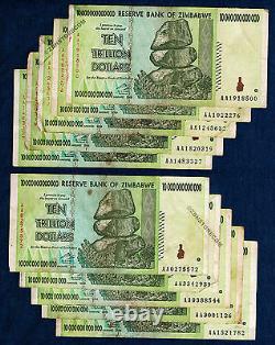10 Trillion Zimbabwe Dollars x 10 Banknotes Authentic AA 2008 Lot = 100 Trillion