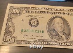 $100 HUNDRED DOLLAR BILL NOTE OLD SMALL little HEAD 1985 # 22231222 TRINARY
