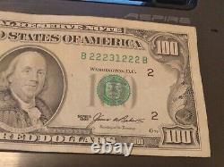 $100 HUNDRED DOLLAR BILL NOTE OLD SMALL little HEAD 1985 # 22231222 TRINARY