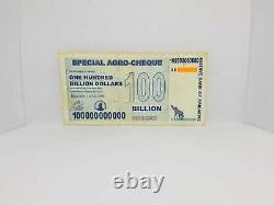 100 Zimbabwe Banknotes, $100 Billion Dollars, 2008 Special Agro-Cheque Used