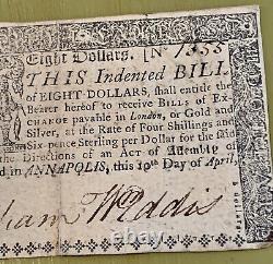 1774 Maryland Colonial Currency Eight Dollars Bank Note Indented Bill