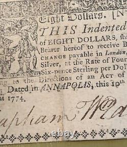 1774 Maryland Colonial Currency Eight Dollars Bank Note Indented Bill