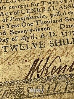 1777 Twelve Shillings Pennsylvania PA Colonial Currency Bank Note Bill 12s RARE