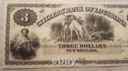 1800's $3 Bill Citizens' Bank of Louisiana LA Obsolete Note Banknote AU About CU