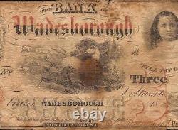 1860 $3 Three Dollar Bill Wadesborough Nc Note Large Currency Paper Money