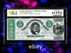 1862 Virginia Treasury $5 Note Richmond VA Obsolete NOTE PCGS 64 PPQ Civil War