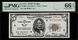 1929 $5 Federal Reserve Bank Note Dallas FR. 1850-K PMG 66 EPQ GEM Unc