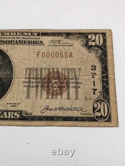1929 National Currency 20 Dollar Bill NEGAUNEE MI Super Low Serial Note 000056