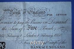 1950 Bank of England BOE Five pounds Beale, P63 087508 £5 banknote 26994