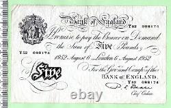 1952 Bank Of England Very Fine Condition White Five Pound Banknote (ab 032)