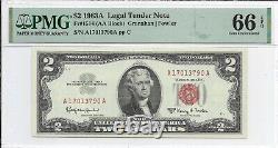 1963A $2 Legal Tenders, US Notes. 2 PMG GEM Uncirculated 66 EPQ Banknotes