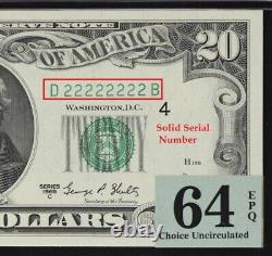 1969 $20 Federal Reserve Solid 22222222 Note PMG 64 EPQ
