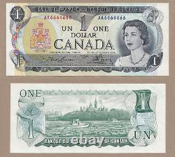 1973 $1 Bank of Canada Note SOLID RADAR AA6666666 UNC