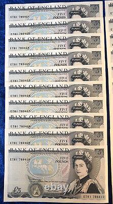 1980s Sequential Run Of 20 British £5 Banknotes ET81 789401-ET81 789420