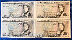 1980s Sequential Run Of 4 British £5 Banknotes JR40 126614-JR40 126617
