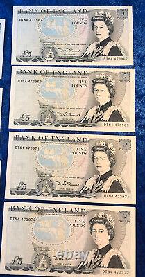 1980s Sequential Run Of 7 British £5 Banknotes DT84 473966-DT843972