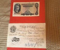2 FANTASTIC OLD FIVERS FROM THE 50s ONE WHITE ONE BLUE ENGLISH BANKNOTE'S