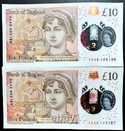 2 Uncirculated Consecutive £10 Notes AA48 465196 &. 197 First Year Issue 2017