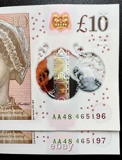 2 Uncirculated Consecutive £10 Notes AA48 465196 &. 197 First Year Issue 2017