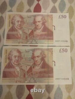 2 X AD FIRST RUN Old £50 Fifty Pounds Bank of England Note -AD57 005065 & 005066
