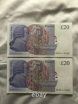 2 x £20 note (paper) consecutive serial numbers EK22 418852 EK22 418553