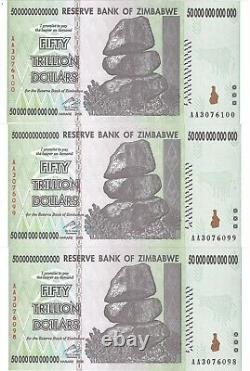 2008 ZIMBABWE 3 x 50 TRILLION DOLLARS BANKNOTES CONSECUTIVE NUMBERS RHODESIA UNC