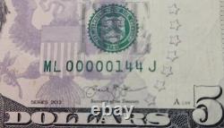 2013 5 Dollar Bill Super Low Serial Number
