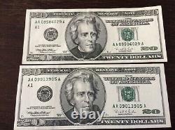 2x 1996 Series Aa Prefix $20 Bank Notes Fine Condition