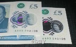 2x CONSECUTIVE AA03 292108 AA03 292109 LOW NUMBER NEW POLYMER £5 FIVE POUND NOTE