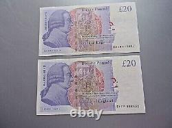 2x Old £20 Twenty Pounds Bank of England Note QUEEN ELIZABETH II EH09 666 888 UC