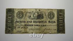 $3 1849 Rochester New York NY Obsolete Currency Bank Note Bill Farmers Mechanics