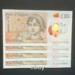 4 Polymer £10 notes BL10 889997/8/9/0 Uncirculated Collectable serial numbers