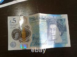 5 pound note, plastic, £5, used but clean and good condition, AC37 series, early note