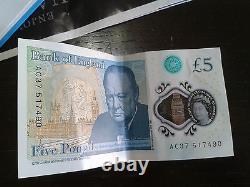 5 pound note, plastic, £5, used but clean and good condition, AC37 series, very early