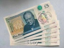 5 x Five Pound Notes With Consecutive Numbers AJ11 000435-439 Uncirculated