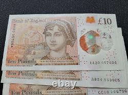 5 x Queen Elizabeth II Polymer Bank Of England £10 Note serials AA BB CC DD EE