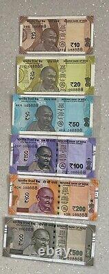 88888 Number Mahatma Gandhi Indian Rs-10,20,50,100,200,500 Set Of 6 Bank Notes