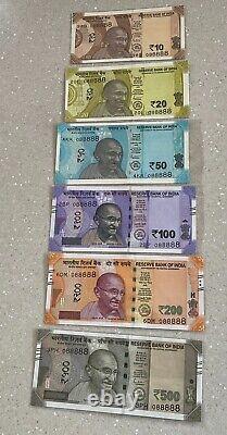 88888 Number Mahatma Gandhi Indian Rs-10,20,50,100,200,500 Set Of 6 Bank Notes