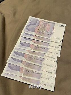9x Uncirculated & Consecutive Paper Type £20 Twenty Pound Notes, Adam Smith