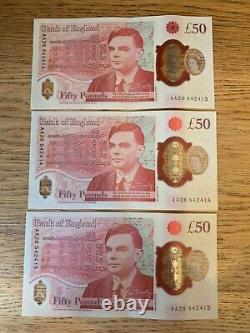 AA New £50 Notes With Consecutive Numbers Alan Turing x 3