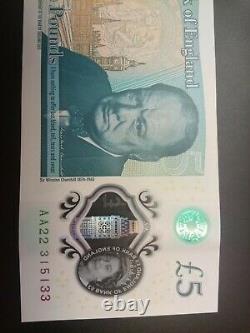Aa22 315133 5 pound note. Unc