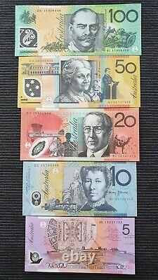 Australia $100 $50 $20 $10 & $5 Complete Set Of 5 Old Generation Unc Banknotes