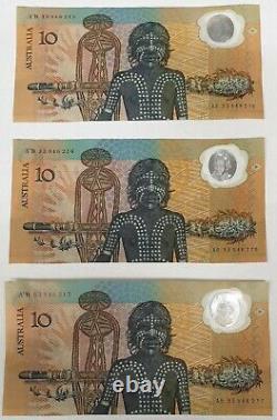 Australia 1988. 10 Dollar Banknotes. Consecutive Trio. Last Prefix