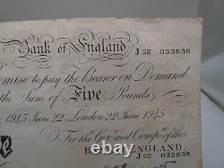 BANK OF ENGLAND White £5 Note June 1945 Peppiatt J52 033838