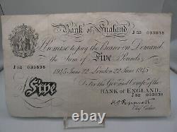 BANK OF ENGLAND White £5 Note June 1945 Peppiatt J52 033838
