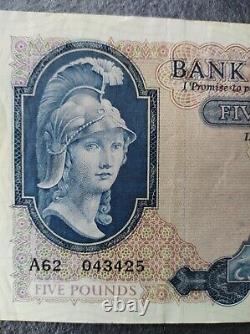 Bank of England, BOE Five pounds, L K O'Brien, Prefix A62 £5 banknote 1957