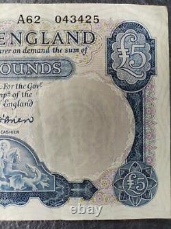 Bank of England, BOE Five pounds, L K O'Brien, Prefix A62 £5 banknote 1957