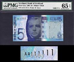 Bank of Scotland 2007 £5 FIRST Prefix Solid Serial AA 111111 GEM UNC PMG 65 EPQ